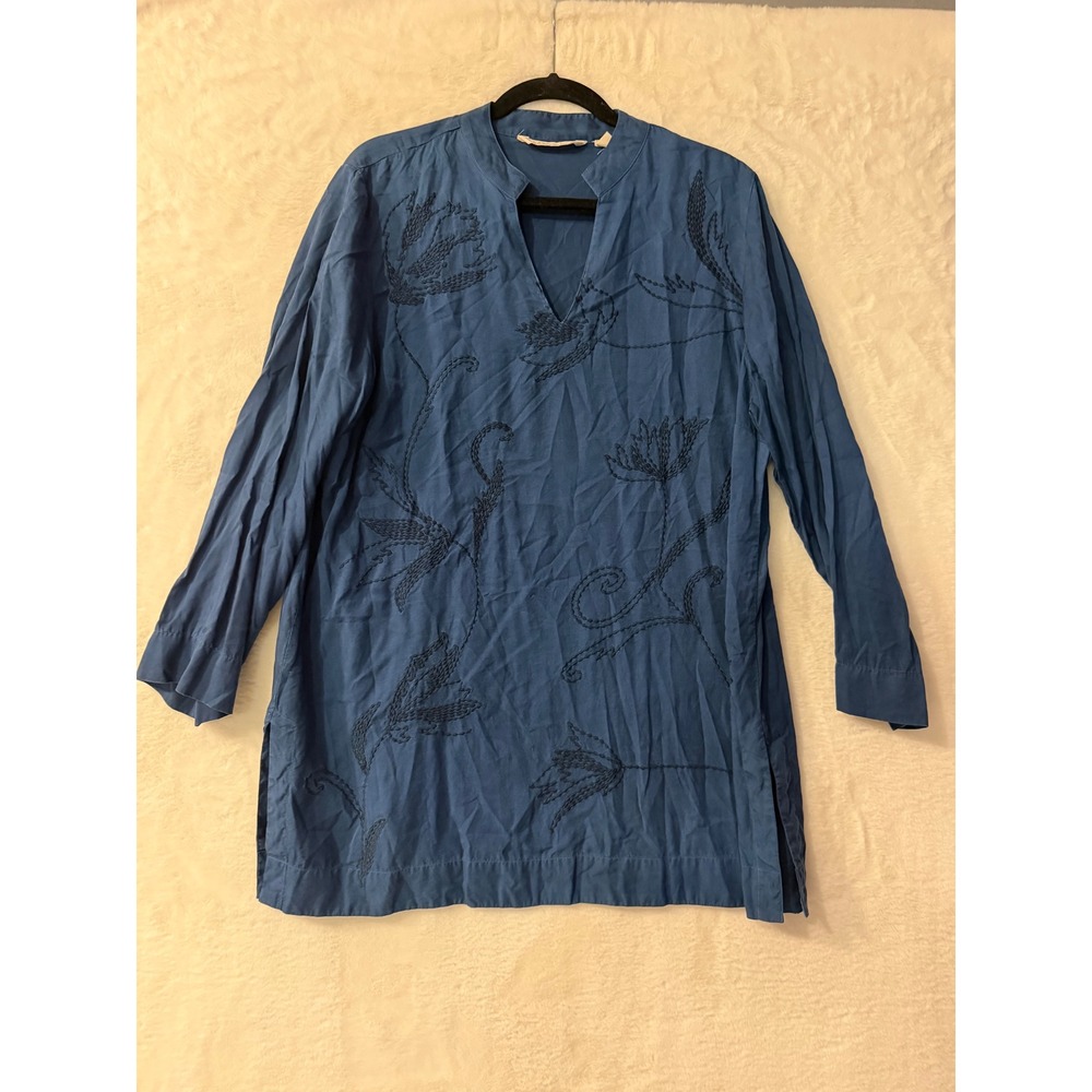 Soft Surroundings Blue Embroidered Lyocell‎ Tunic Top XL Split Neck 2AM46